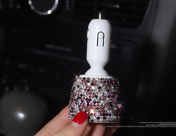 Diamond-studded car charger head fast charge smart car charger one for two car multi-function dual usb transfer interface female
