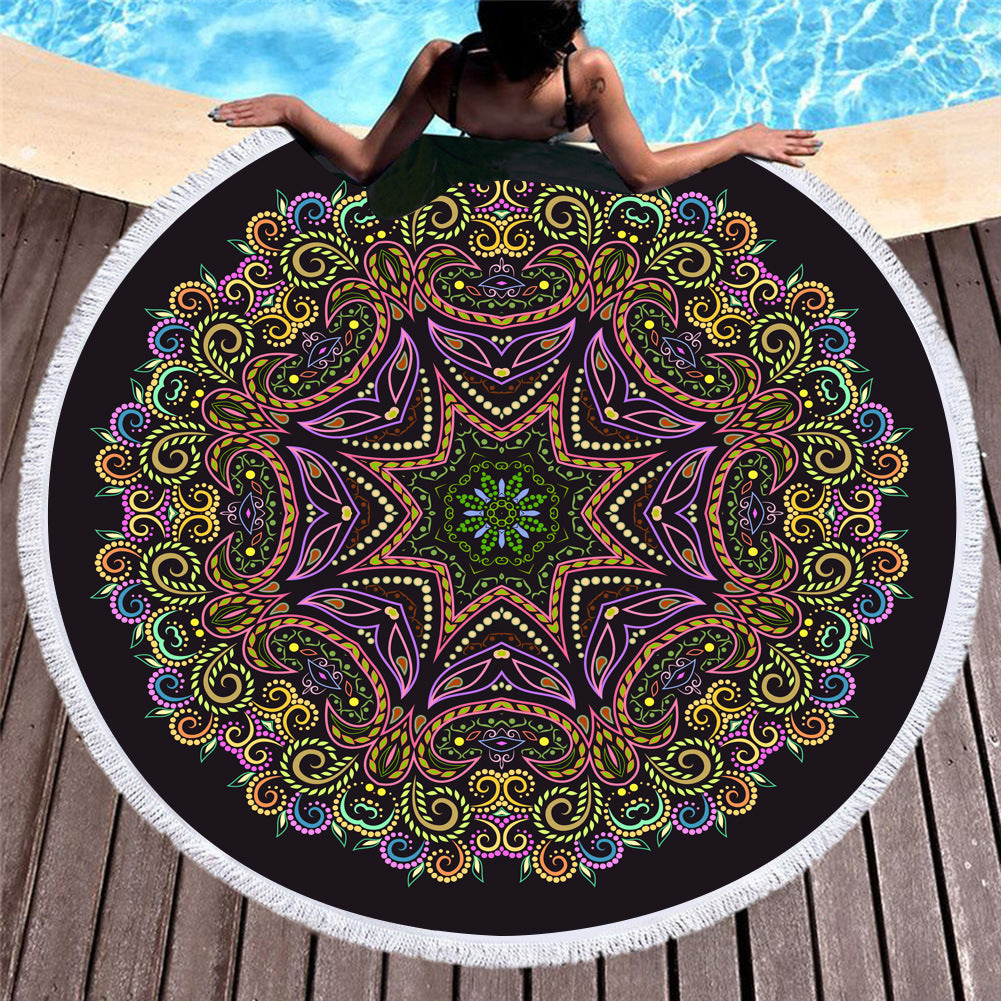 Microfiber round beach towel celebrity style European and American style printed beach towel fringed swimming pool sunscreen shawl