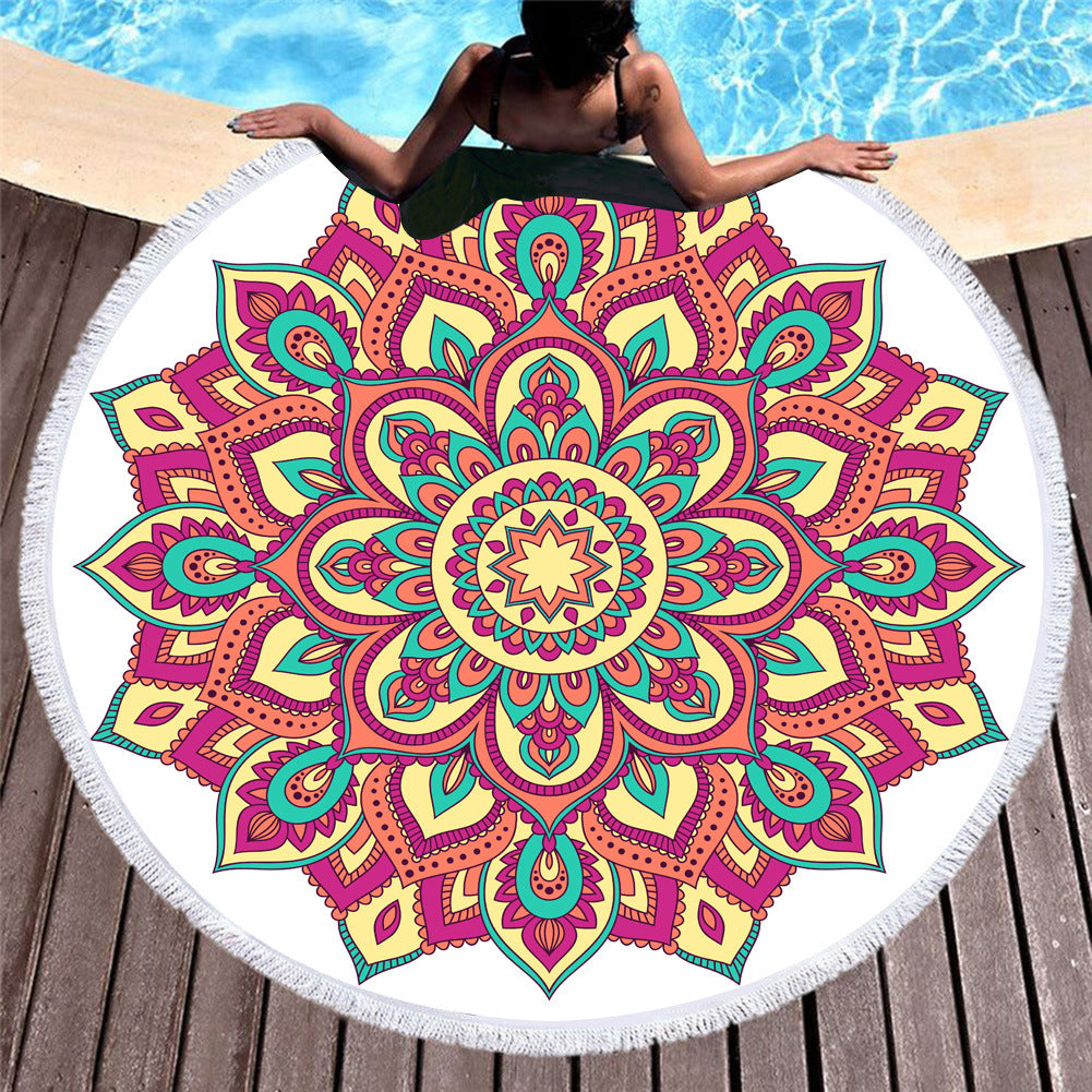 Microfiber round beach towel celebrity style European and American style printed beach towel fringed swimming pool sunscreen shawl