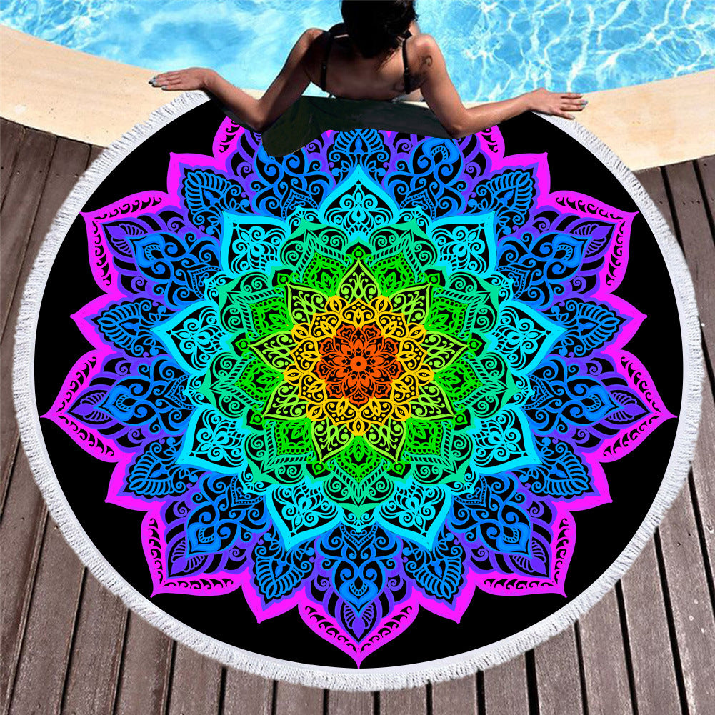 Microfiber round beach towel celebrity style European and American style printed beach towel fringed swimming pool sunscreen shawl