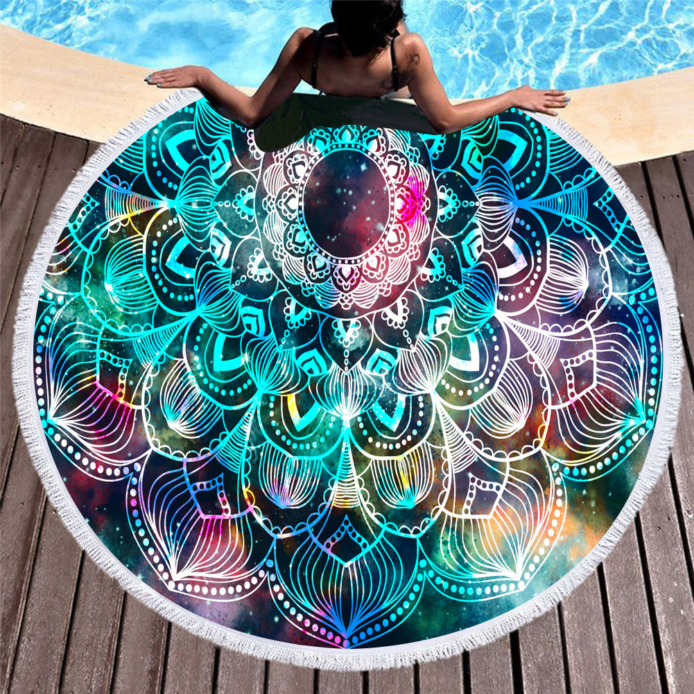 Microfiber round beach towel celebrity style European and American style printed beach towel fringed swimming pool sunscreen shawl