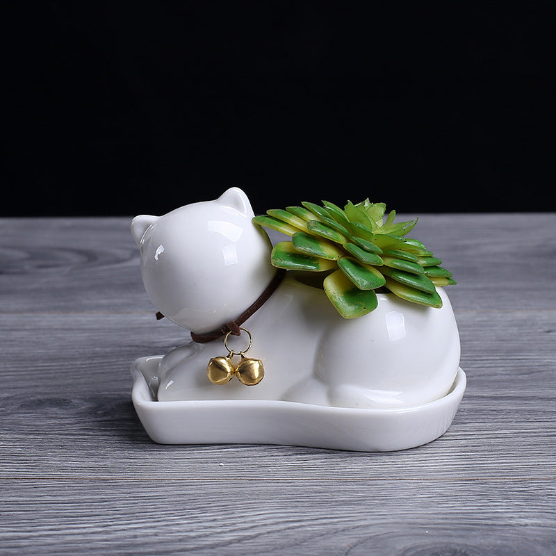 Creative personality ceramic animal small flower pot super Q pure white succulent plant potted cartoon cat shape