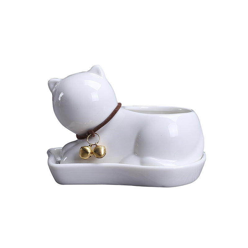 Creative personality ceramic animal small flower pot super Q pure white succulent plant potted cartoon cat shape