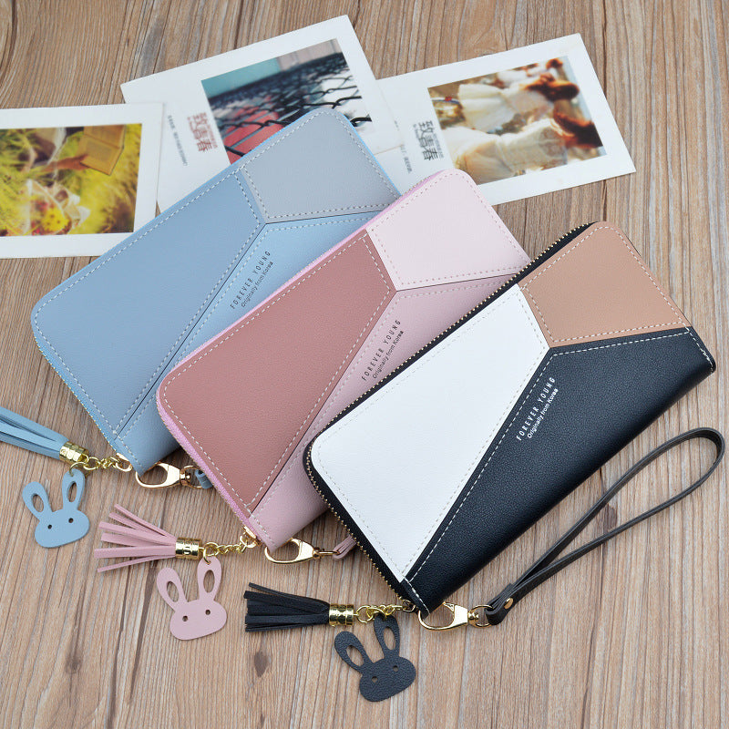 New style ladies clutch purse female long Korean style contrast stitching zipper tassel large capacity wallet mobile phone bag