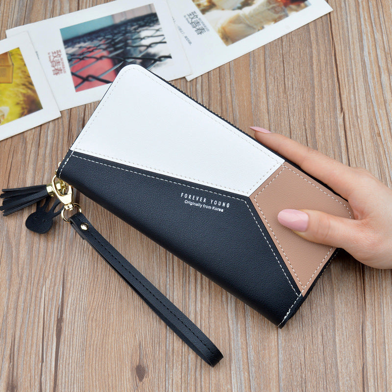 New style ladies clutch purse female long Korean style contrast stitching zipper tassel large capacity wallet mobile phone bag