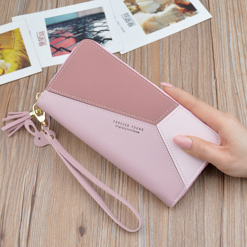 New style ladies clutch purse female long Korean style contrast stitching zipper tassel large capacity wallet mobile phone bag