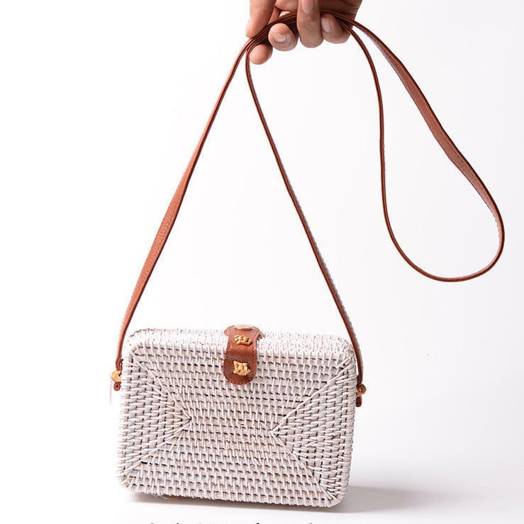 Factory direct supply special sale rattan ins handmade rattan white 20*8PU leather buckle bag