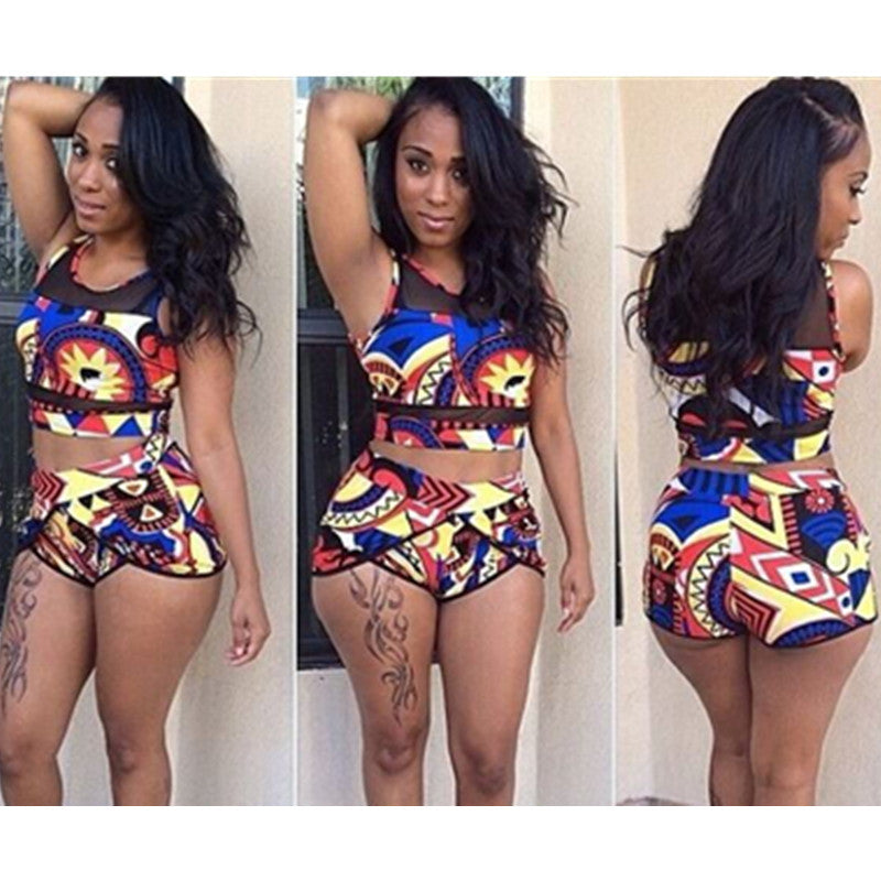 European and American new style plus fat large size split bikini swimsuit mesh stitching printing high waist women's swimwear