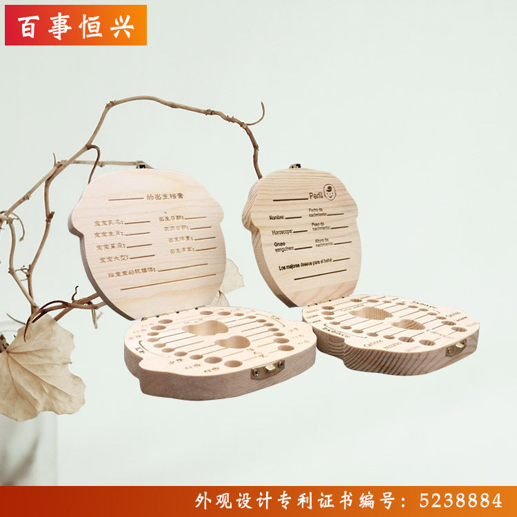 Spanish English Dutch Portugal French Russia Baby Wood Tooth Box Organizer Milk Teeth Storage Collect Teeth Umbilica Save Gifts