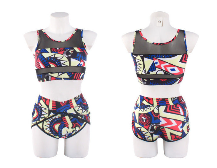 European and American new style plus fat large size split bikini swimsuit mesh stitching printing high waist women's swimwear