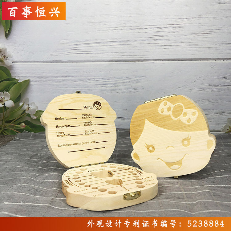 Spanish English Dutch Portugal French Russia Baby Wood Tooth Box Organizer Milk Teeth Storage Collect Teeth Umbilica Save Gifts