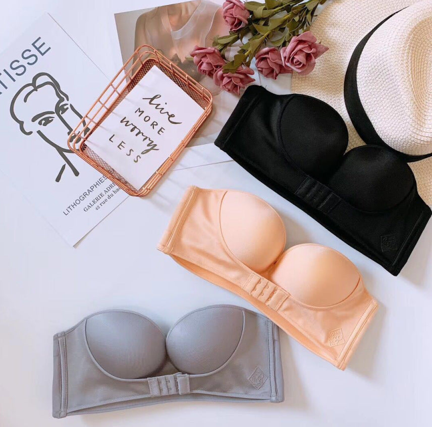 Strapless underwear women's non-slip small chest thickened gather bra top support without steel ring invisible chest stickers one shoulder half cup
