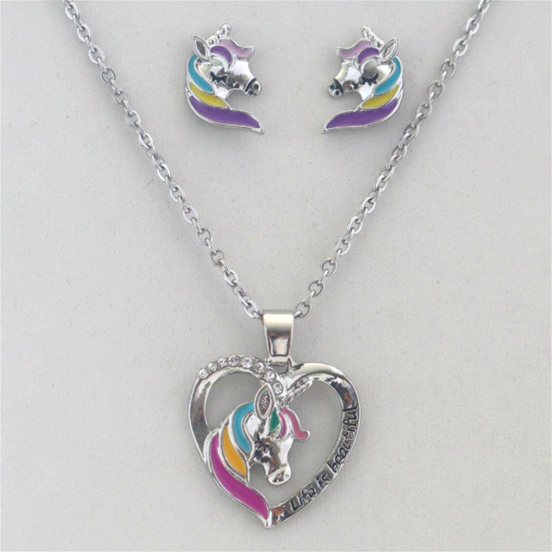 Europe and the United States hot Amazon oil pony necklace earrings set Unicorn earrings pendant necklace set women