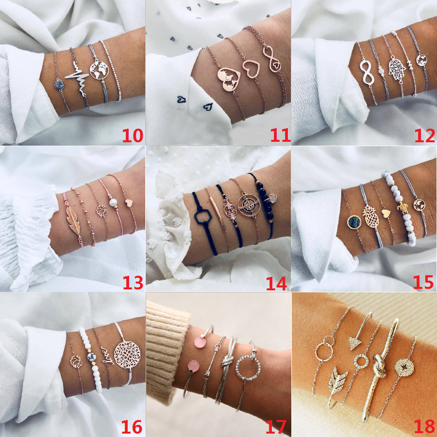 30 Styles Women Girls Mix Round alloy Crystal Charm Bracelets Fashion Boho Heart Map Pineapple Bracelets Sets Jewelry Gift