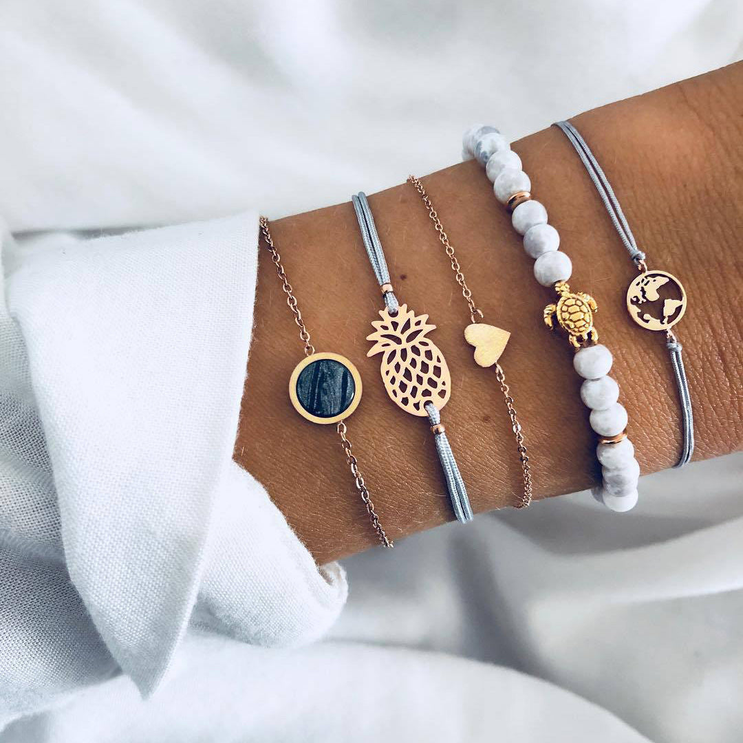 30 Styles Women Girls Mix Round alloy Crystal Charm Bracelets Fashion Boho Heart Map Pineapple Bracelets Sets Jewelry Gift