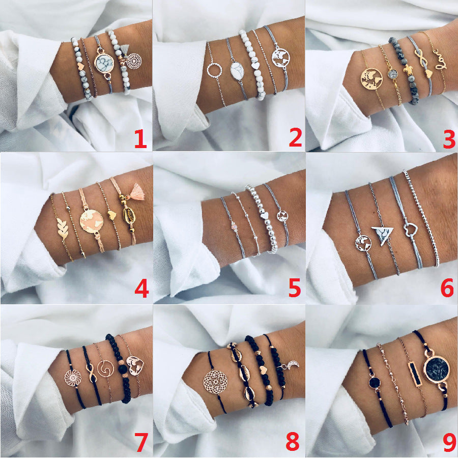 30 Styles Women Girls Mix Round alloy Crystal Charm Bracelets Fashion Boho Heart Map Pineapple Bracelets Sets Jewelry Gift