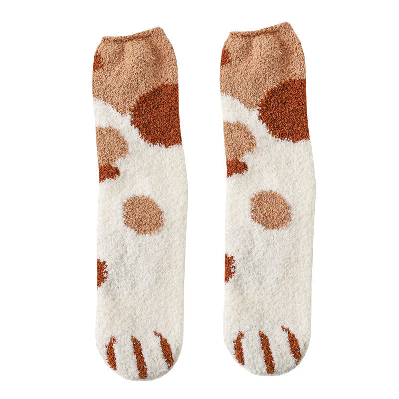 Coral fleece cat socks, tube socks, cartoon cat paw socks, cute floor socks, autumn and winter thickened warmth and velvet sleep socks