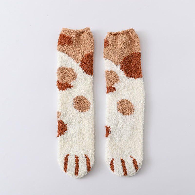 Coral fleece cat socks, tube socks, cartoon cat paw socks, cute floor socks, autumn and winter thickened warmth and velvet sleep socks