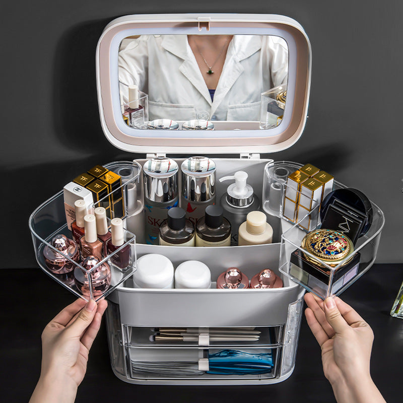 Net red cosmetics storage box LED lamp dust-proof skin care product dressing table desktop with mirror lamp jewelry rack