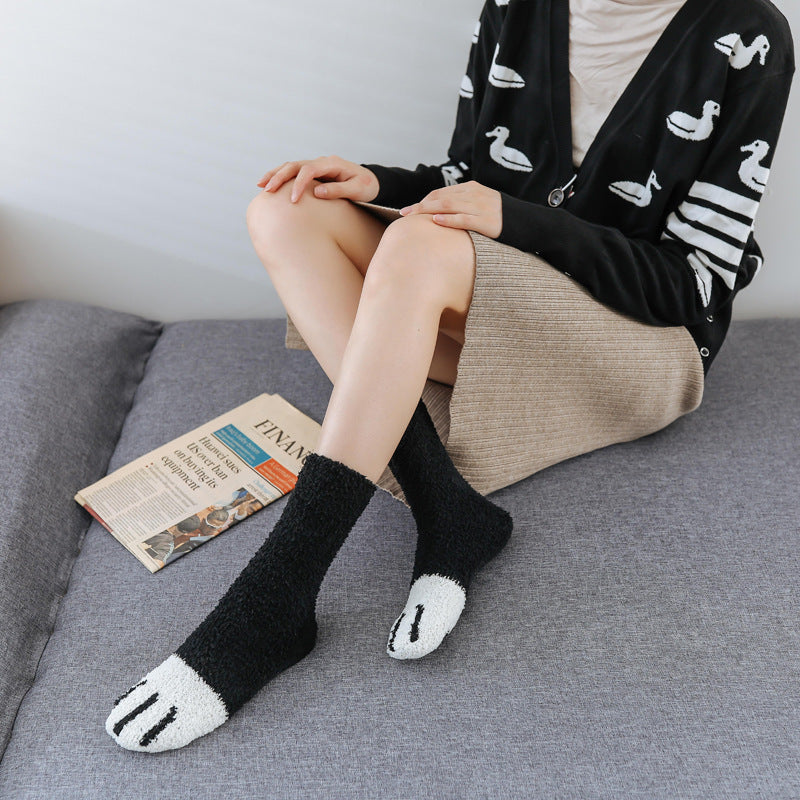 Coral fleece cat socks, tube socks, cartoon cat paw socks, cute floor socks, autumn and winter thickened warmth and velvet sleep socks