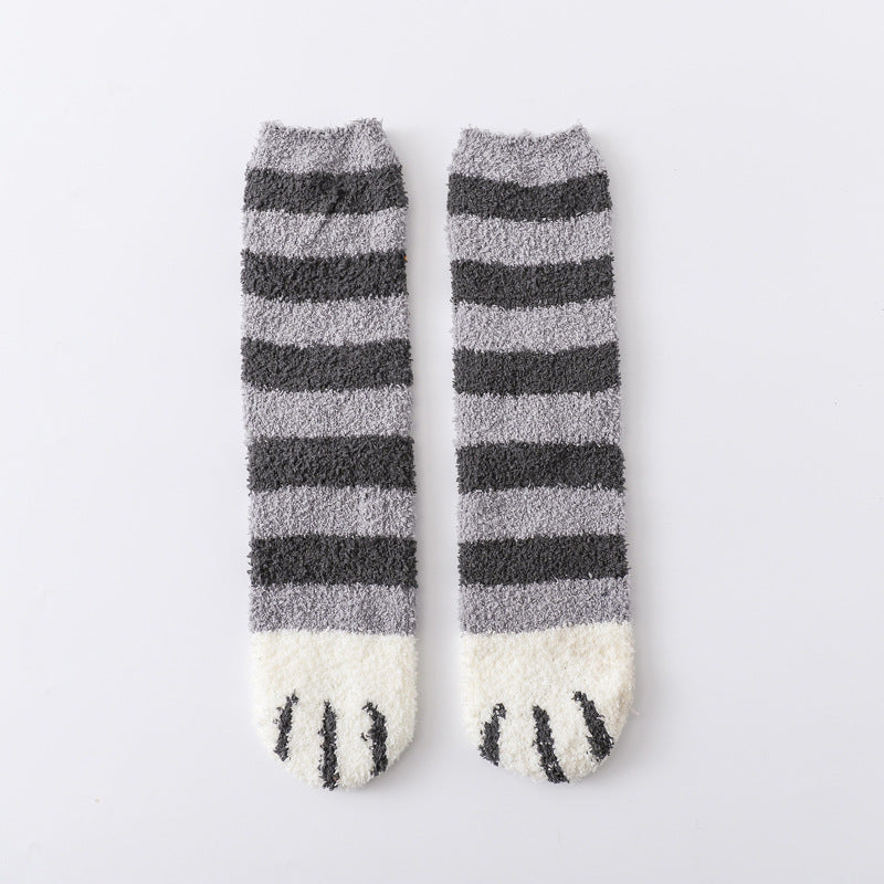 Coral fleece cat socks, tube socks, cartoon cat paw socks, cute floor socks, autumn and winter thickened warmth and velvet sleep socks