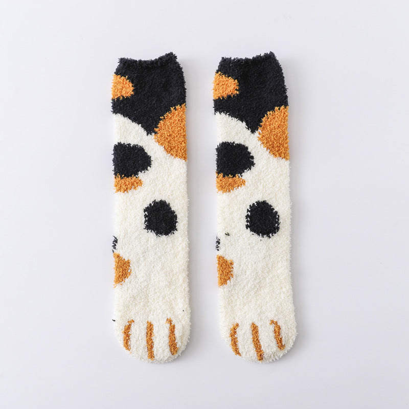 Coral fleece cat socks, tube socks, cartoon cat paw socks, cute floor socks, autumn and winter thickened warmth and velvet sleep socks