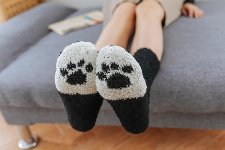 Coral fleece cat socks, tube socks, cartoon cat paw socks, cute floor socks, autumn and winter thickened warmth and velvet sleep socks