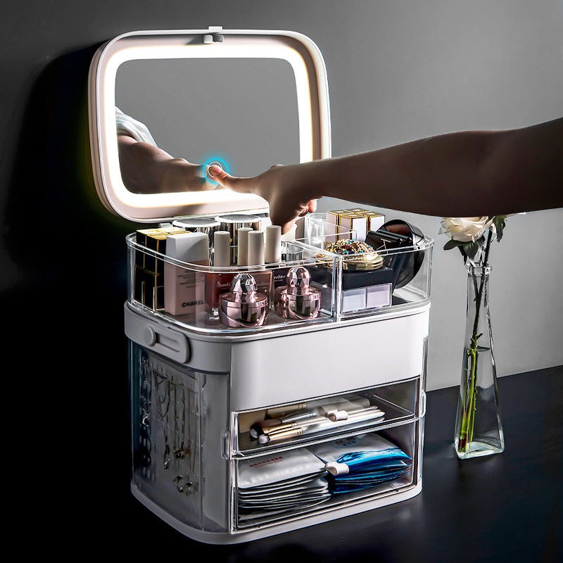 Net red cosmetics storage box LED lamp dust-proof skin care product dressing table desktop with mirror lamp jewelry rack