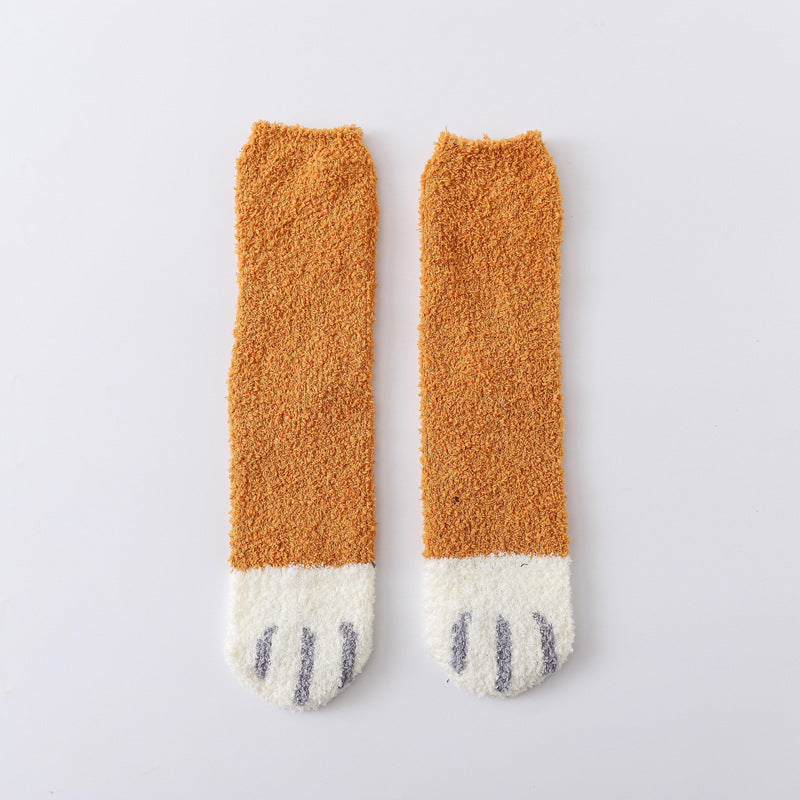 Coral fleece cat socks, tube socks, cartoon cat paw socks, cute floor socks, autumn and winter thickened warmth and velvet sleep socks