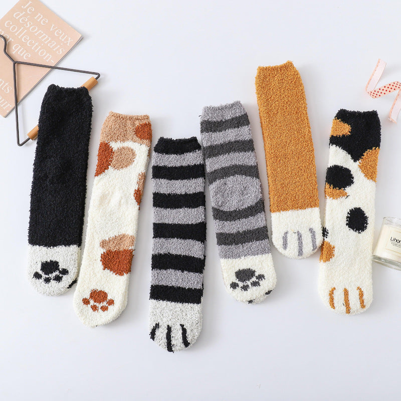 Coral fleece cat socks, tube socks, cartoon cat paw socks, cute floor socks, autumn and winter thickened warmth and velvet sleep socks