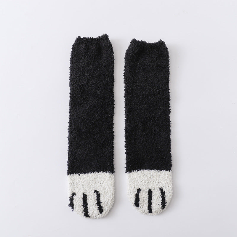 Coral fleece cat socks, tube socks, cartoon cat paw socks, cute floor socks, autumn and winter thickened warmth and velvet sleep socks