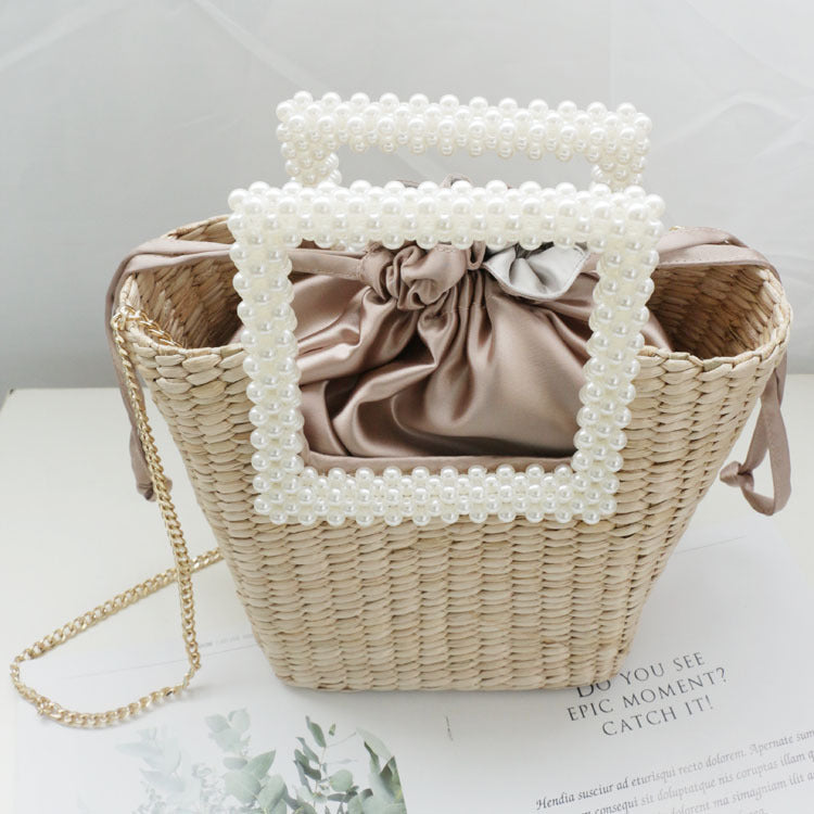 New Fashion Pearl Straw Bag Hand-woven Shoulder Bag Handbag Seaside Holiday Temperament