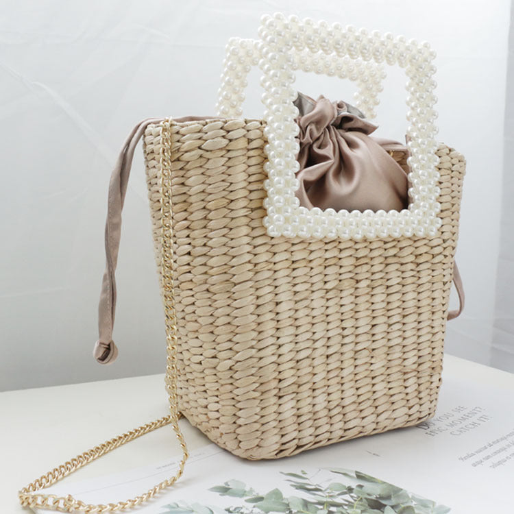 New Fashion Pearl Straw Bag Hand-woven Shoulder Bag Handbag Seaside Holiday Temperament