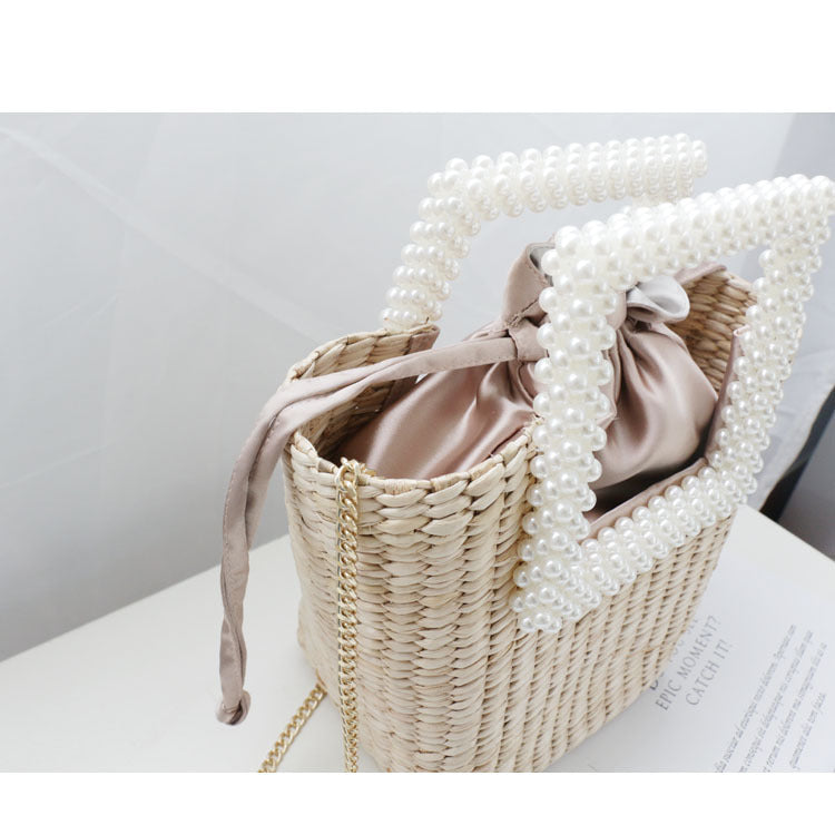 New Fashion Pearl Straw Bag Hand-woven Shoulder Bag Handbag Seaside Holiday Temperament
