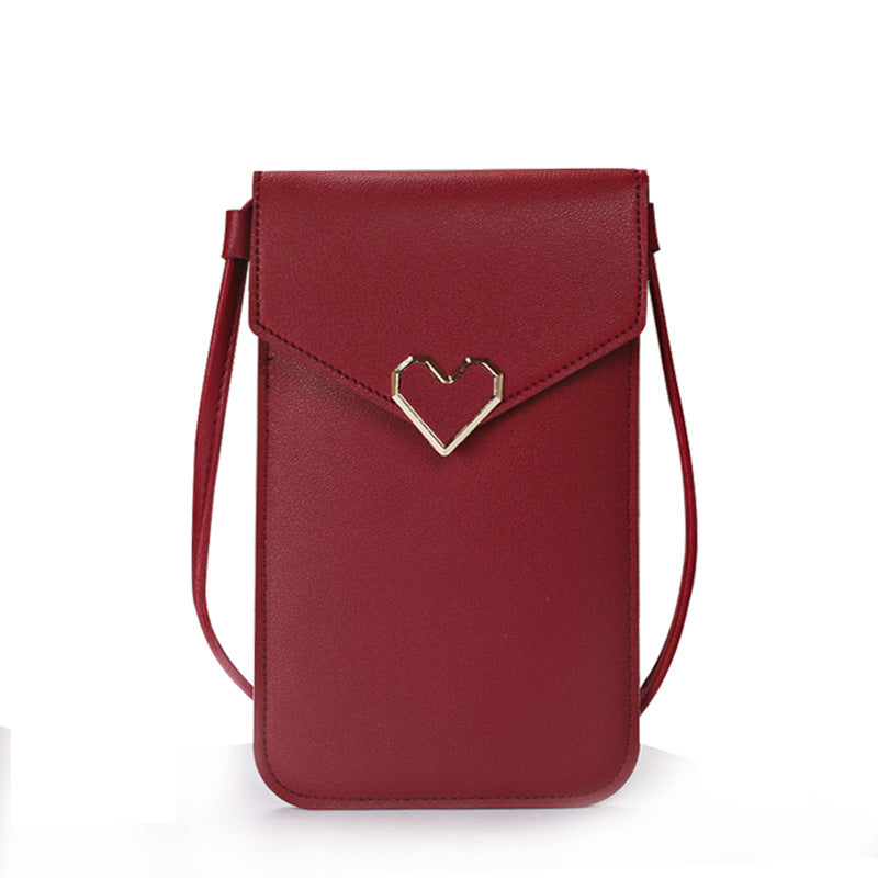 Buckle small bag women's heart-shaped decoration transparent touch screen simple retro mobile phone bag(20x10x0.5cm)