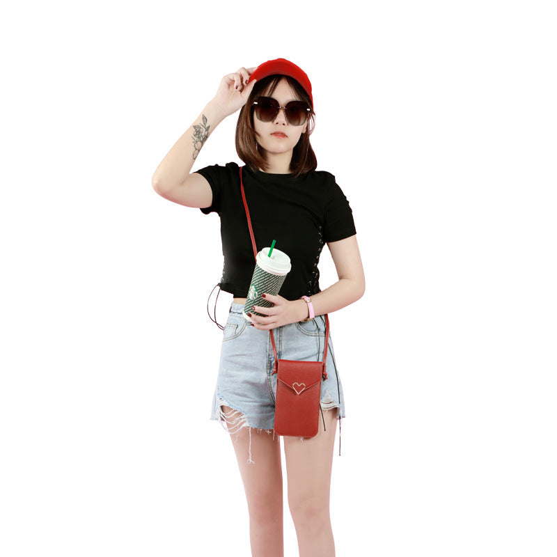 Buckle small bag women's heart-shaped decoration transparent touch screen simple retro mobile phone bag(20x10x0.5cm)