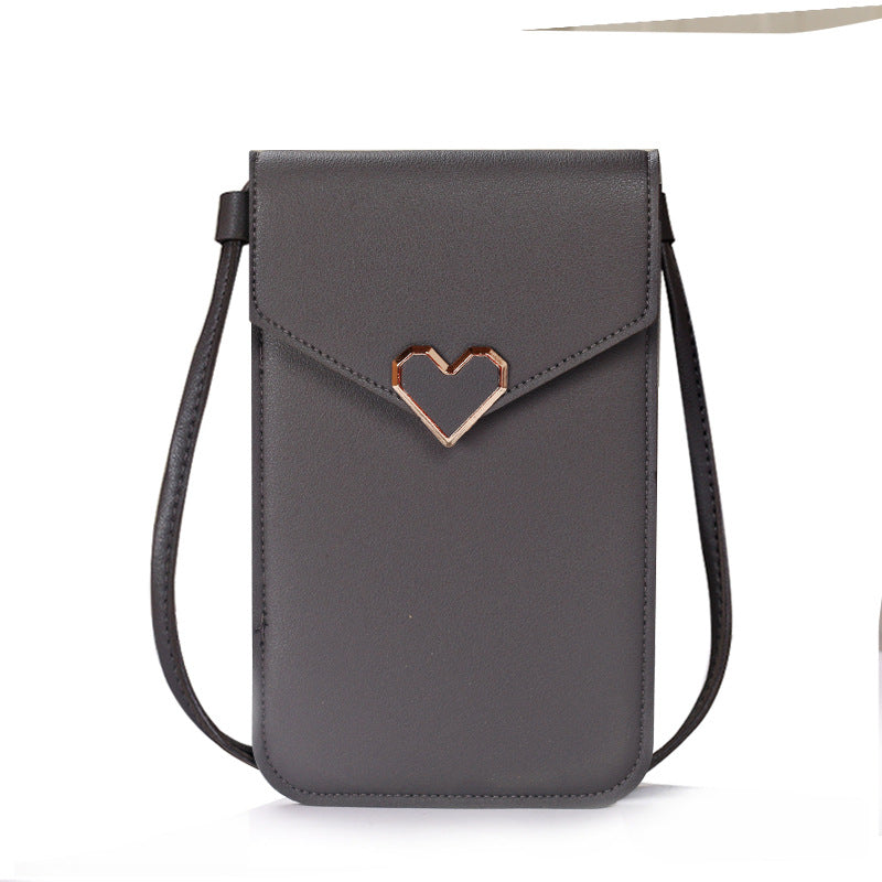Buckle small bag women's heart-shaped decoration transparent touch screen simple retro mobile phone bag(20x10x0.5cm)