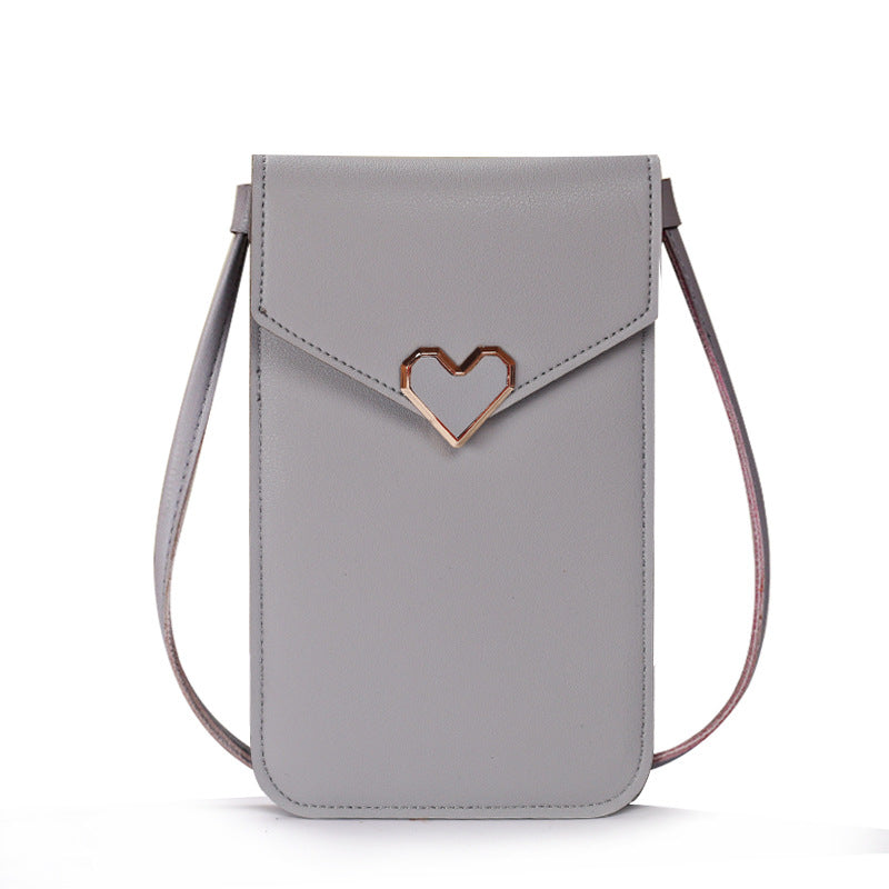 Buckle small bag women's heart-shaped decoration transparent touch screen simple retro mobile phone bag(20x10x0.5cm)