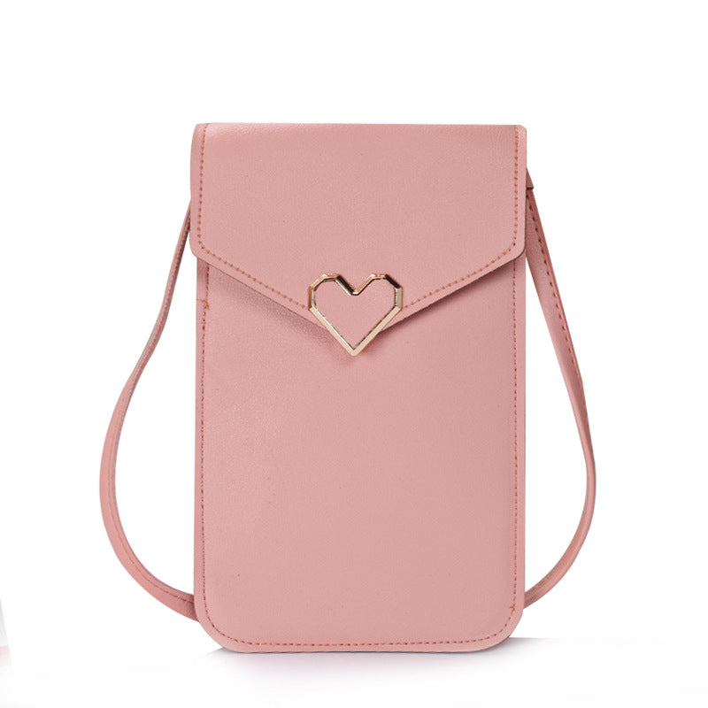 Buckle small bag women's heart-shaped decoration transparent touch screen simple retro mobile phone bag(20x10x0.5cm)