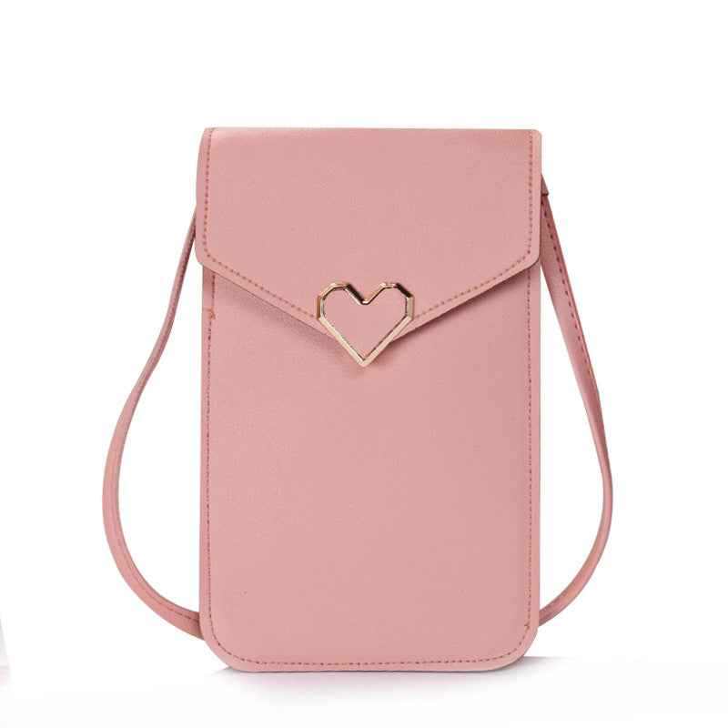Buckle small bag women's heart-shaped decoration transparent touch screen simple retro mobile phone bag(20x10x0.5cm)