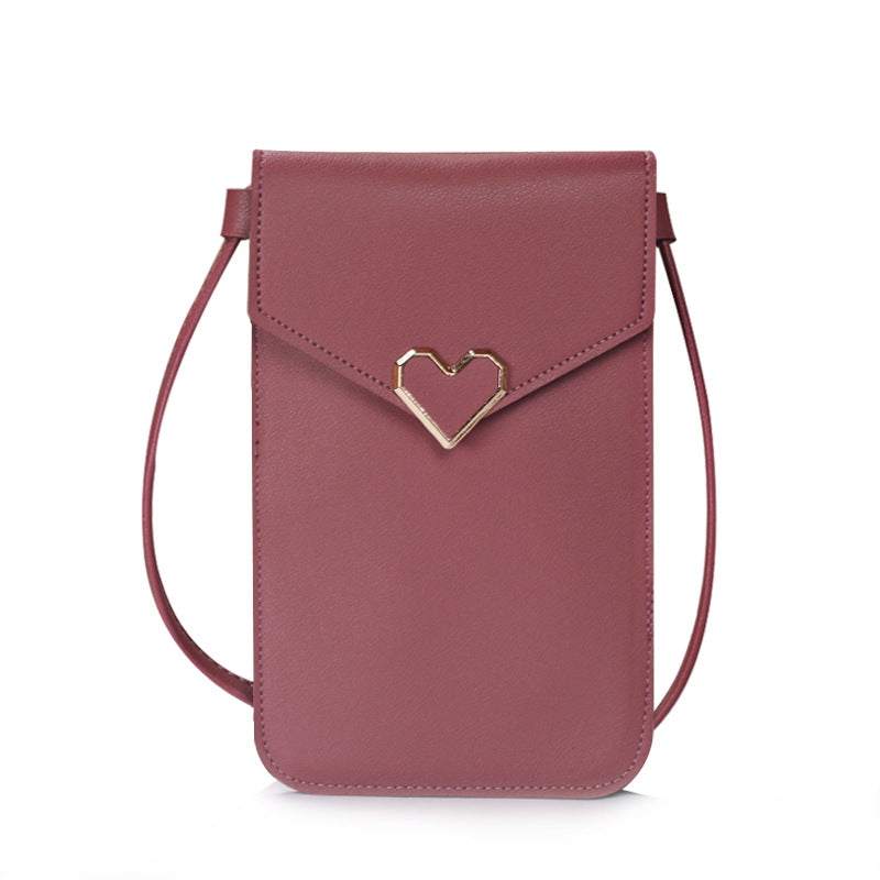 Buckle small bag women's heart-shaped decoration transparent touch screen simple retro mobile phone bag(20x10x0.5cm)