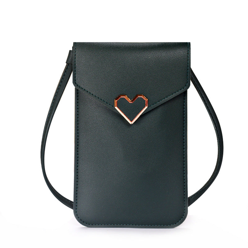 Buckle small bag women's heart-shaped decoration transparent touch screen simple retro mobile phone bag(20x10x0.5cm)