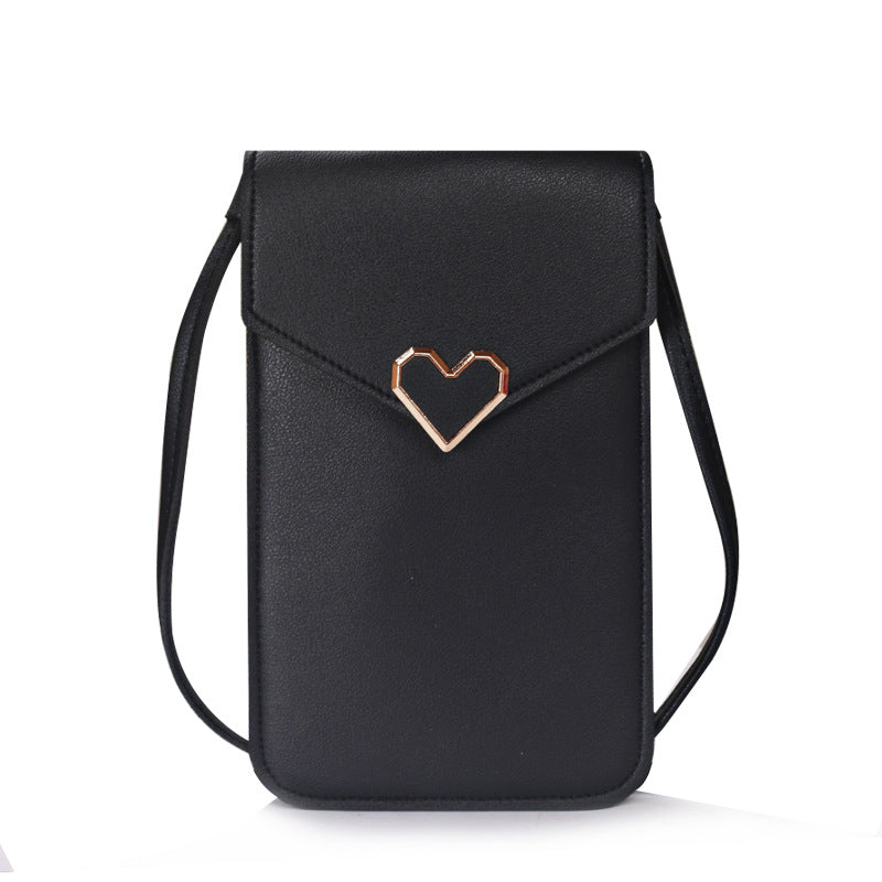 Buckle small bag women's heart-shaped decoration transparent touch screen simple retro mobile phone bag(20x10x0.5cm)