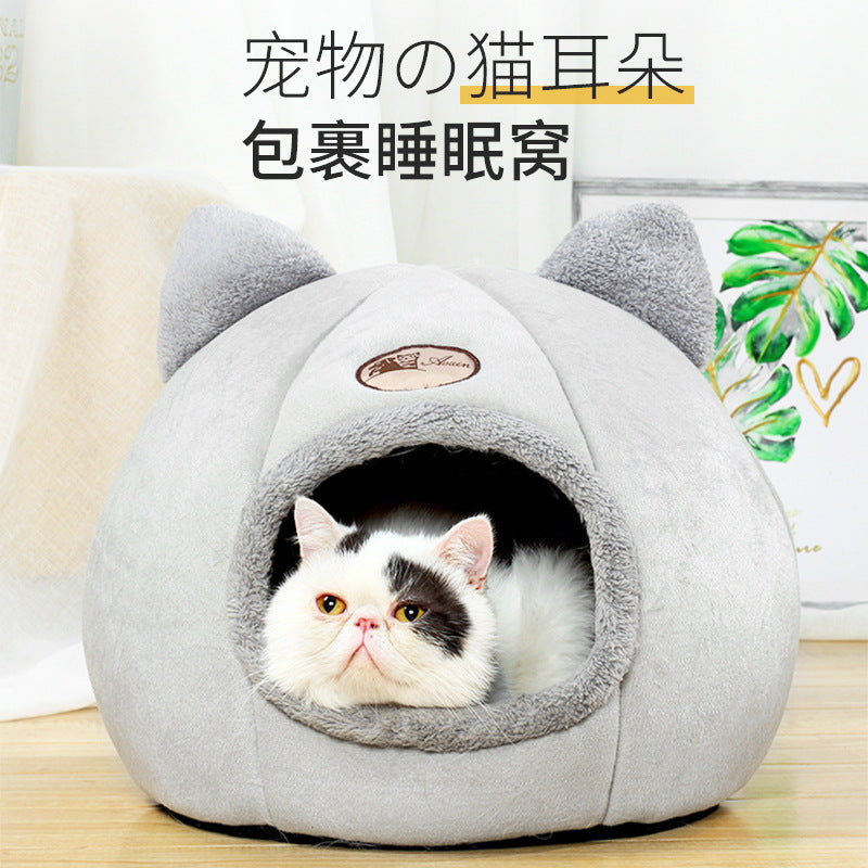 Cat litter semi-enclosed warm kennel for autumn and winter plus velvet for deep sleep