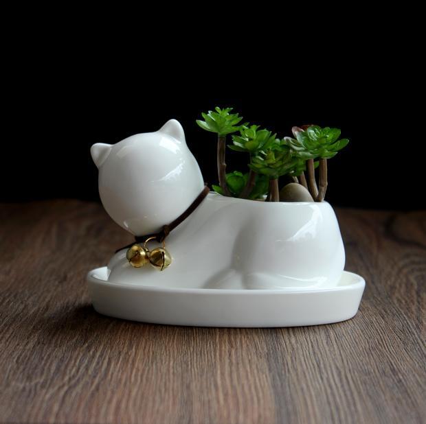 Creative personality ceramic animal small flower pot super Q pure white succulent plant potted cartoon cat shape