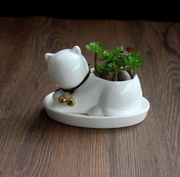 Creative personality ceramic animal small flower pot super Q pure white succulent plant potted cartoon cat shape