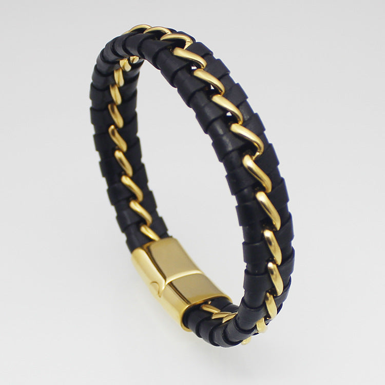 Titanium steel woven leather bracelet Stainless steel magnet buckle leather bracelet Fashion punk men's jewelry Bracelet
