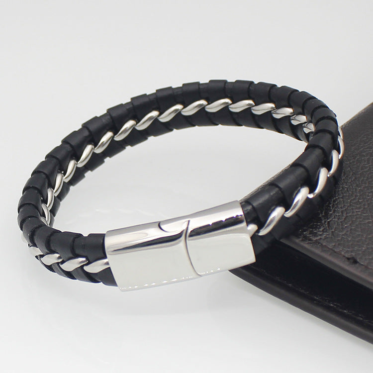 Titanium steel woven leather bracelet Stainless steel magnet buckle leather bracelet Fashion punk men's jewelry Bracelet
