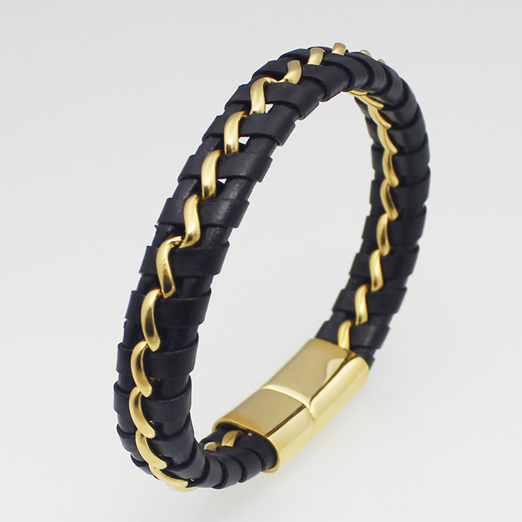 Titanium steel woven leather bracelet Stainless steel magnet buckle leather bracelet Fashion punk men's jewelry Bracelet
