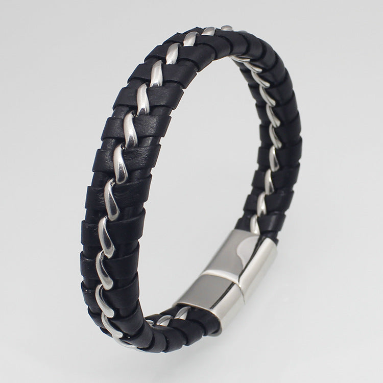Titanium steel woven leather bracelet Stainless steel magnet buckle leather bracelet Fashion punk men's jewelry Bracelet